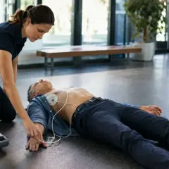 Sanitäterin klebt AED-Elektroden auf Brust eines Mannes, der auf dem Boden liegt. Ein Defibrillator steht daneben.