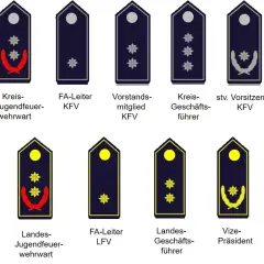 Abzeichen für verschiedene Feuerwehr-Dienstgrade, von Jugendfeuerwehr bis Präsident. Jedes Abzeichen zeigt Sterne und Lorbeerzweige, die den Rang auf der Uniform kennzeichnen.