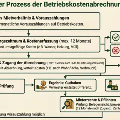 Flussdiagramm erklärt den Prozess der Betriebskostenabrechnung: Vorauszahlungen, Erfassung, Erstellung, Ergebnis (Guthaben/Nachzahlung) und Mieterrechte.