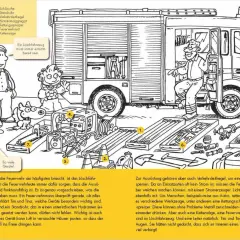 Ein **Arbeitsblatt Feuerwehr Kindergarten** zeigt ein Löschfahrzeug mit vielen Geräten. Tim und Tina lernen, was die Feuerwehr alles braucht.