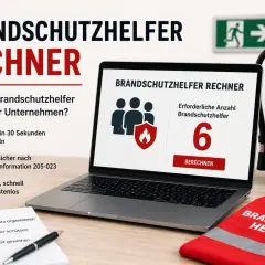 Brandschutzhelfer Rechner zeigt, dass 6 Brandschutzhelfer benötigt werden. Ein Feuerlöscher und eine Weste sind ebenfalls zu sehen.