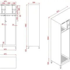 Technische Zeichnung eines zweitürigen Jugendfeuerwehr Spindes mit Hakenleiste und Ablagefächern.