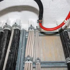 Bündel von Kabeln, darunter auch brandschott Kabel, sind an einer Wand befestigt. Ein rotes und ein schwarzes Kabel führen von oben.