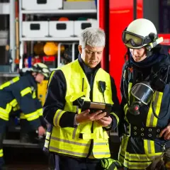 Feuerwehrleute besprechen Einsatzdetails. Ein Mann in Warnweste prüft ein Tablet, während ein Kollege in voller Montur mit Atemschutzmaske daneben steht. UVV Feuerwehr wird beachtet.