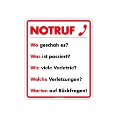 Notruf-Arbeitsblatt mit den wichtigsten W-Fragen für Notfälle: Wo, Was, Wie viele Verletzte, Welche Verletzungen und Warten auf Rückfragen.