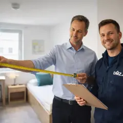 Zwei Männer messen einen Raum für bauliche Anforderungen einer Ferienwohnung. Einer hält ein Maßband, der andere eine Klemmbrett.