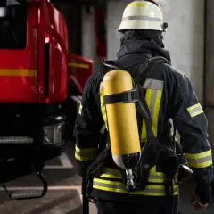 Ein Feuerwehrmann in voller Montur mit Atemschutzgerät steht bereit bei der Feuerwehr. Links im Bild ist ein Teil eines roten Feuerwehrautos zu sehen.