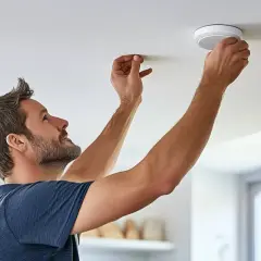 Mann montiert Rauchmelder an der Decke. Endlich keine Rauchmelder in der Wohnung mehr vergessen!