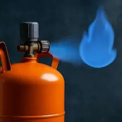 Orange Gasflasche mit blauem Flammenstrahl. Einatmen von Gas kann gefährlich sein.