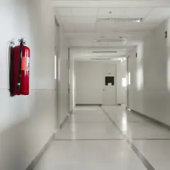 Roter Feuerlöscher an Wand im Flur. Wichtig für die brandschutzbegehung checkliste word.