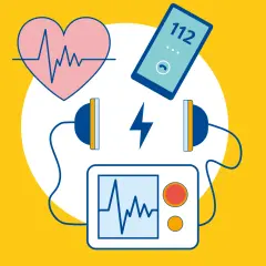Herzschlag, Notruf (112) und ein Defibrillator mit Elektroden. Die Defibrillator Funktion ist entscheidend für die Wiederbelebung.