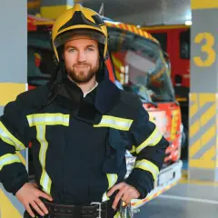 Ein Feuerwehrmann im Einsatz, bereit für seinen wichtigen Beruf. Im Hintergrund stehen Einsatzfahrzeuge in einer Garage.