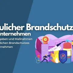 Illustration zum baulichen Brandschutz im Unternehmen. Ein Feuerlöscher wird bedient, ein Schild mit Brandschutzsymbol und eine Sirene sind zu sehen. Die Landesbauordnung Bremen ist hierbei relevant.