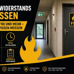 Brandschutztür mit F90-Kennzeichnung in einem Flur. Die Grafik erklärt Feuerwiderstandsklassen wie F90.