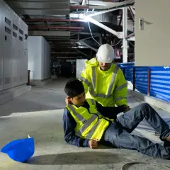 Ein Arbeiter hilft einem Kollegen, der nach einem Stromschlag auf dem Boden liegt. Der helfende Arbeiter trägt eine Warnweste und einen Helm.