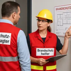 Ein Sicherheitsbeauftragter Pflege und eine Brandschutzhelferin besprechen die Brandschutzordnung.