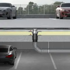 Schnittzeichnung einer Tiefgarage mit Entwässerungssystem. Autos parken auf verschiedenen Ebenen.