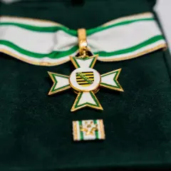 Ein goldenes Kreuz mit weißer und grüner Emaille, das ein Wappen mit schwarzen und gelben Streifen zeigt. Dieses Feuerwehr Ehrenzeichen liegt in einer grünen Samtschachtel.