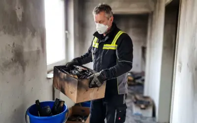 Mann mit Maske sortiert Brandgut in Karton. Wohnung nach Brand unbewohnbar was tun?