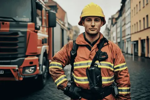 Ein Feuerwehrmann der Berufsfeuerwehr in voller Montur steht vor einem roten Feuerwehrauto.