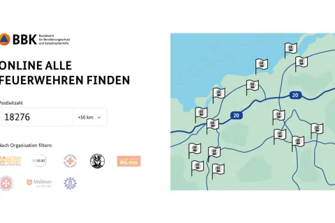 Karte mit Markierungen für Feuerwehren, die verschiedene Aufgaben erfüllen. Suche nach Feuerwehren in deiner Nähe.