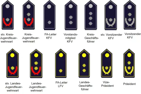 Abzeichen für verschiedene Feuerwehr-Dienstgrade, von Jugendfeuerwehr bis Präsident. Jedes Abzeichen zeigt Sterne und Lorbeerzweige, die den Rang auf der Uniform kennzeichnen.