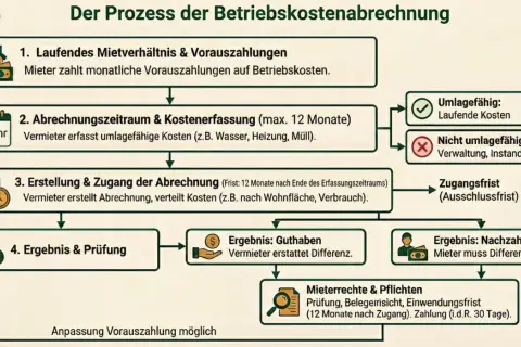 Flussdiagramm erklärt den Prozess der Betriebskostenabrechnung: Vorauszahlungen, Erfassung, Erstellung, Ergebnis (Guthaben/Nachzahlung) und Mieterrechte.