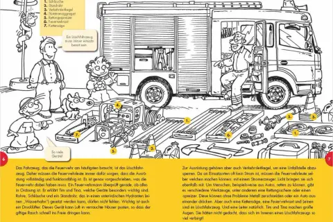Ein **Arbeitsblatt Feuerwehr Kindergarten** zeigt ein Löschfahrzeug mit vielen Geräten. Tim und Tina lernen, was die Feuerwehr alles braucht.