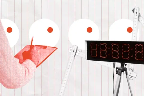 Eine Person mit Klemmbrett und Stift, daneben eine digitale Uhr und Maßbänder. Die Szene erinnert an die Überwachung von Zeitabläufen, wie sie auch bei der Nutzung einer rauchmelder app relevant sein kann.