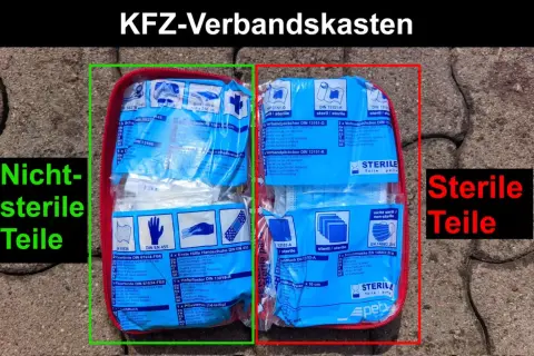 KFZ-Verbandskasten mit abgelaufenem Inhalt: Nicht-sterile Teile links, sterile Teile rechts.