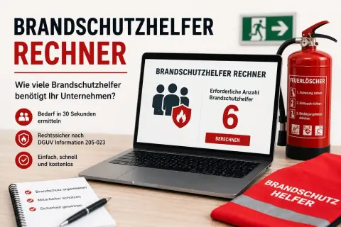 Brandschutzhelfer Rechner zeigt, dass 6 Brandschutzhelfer benötigt werden. Ein Feuerlöscher und eine Weste sind ebenfalls zu sehen.