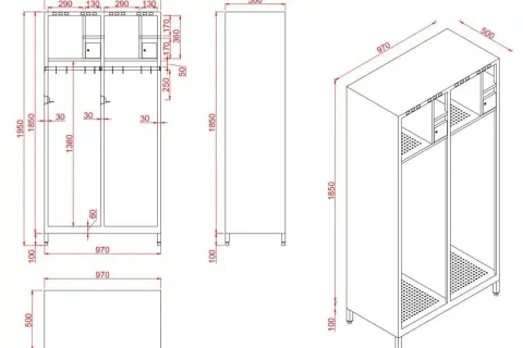Technische Zeichnung eines zweitürigen Jugendfeuerwehr Spindes mit Hakenleiste und Ablagefächern.