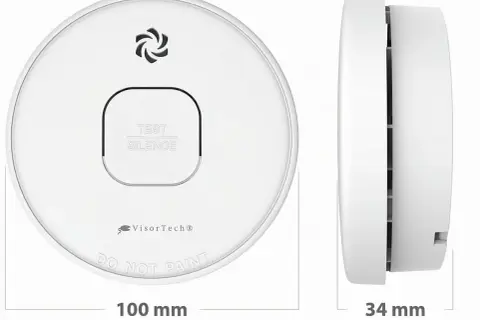 VisorTech Rauchmelder Test: Weißer Rauchmelder mit Test/Silence-Taste und Logo. Maße 100 mm Durchmesser, 34 mm Höhe.