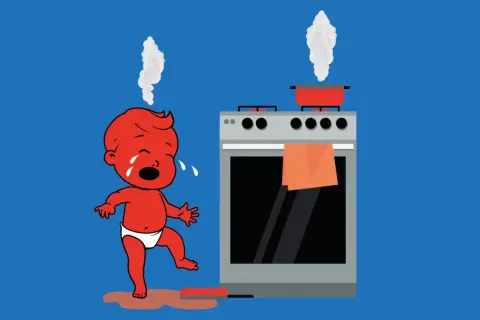Ein weinendes Baby mit Dampf auf dem Kopf steht neben einem Herd. Ein roter Topf dampft. Dies ist eine Darstellung einer schweren Verbrennung 4. Grades.