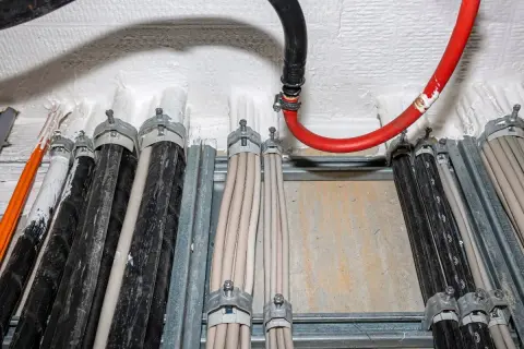 Bündel von Kabeln, darunter auch brandschott Kabel, sind an einer Wand befestigt. Ein rotes und ein schwarzes Kabel führen von oben.