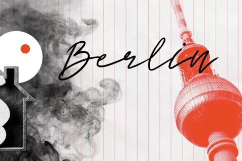 Rauchmelder Pflicht Berlin: Ein Haus mit Paragraphenzeichen und Rauch, daneben der Schriftzug "Berlin" und der Fernsehturm.