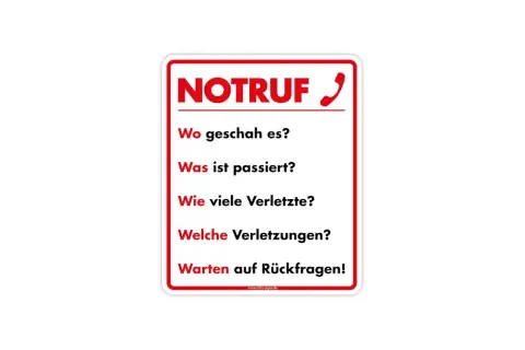 Notruf-Arbeitsblatt mit den wichtigsten W-Fragen für Notfälle: Wo, Was, Wie viele Verletzte, Welche Verletzungen und Warten auf Rückfragen.