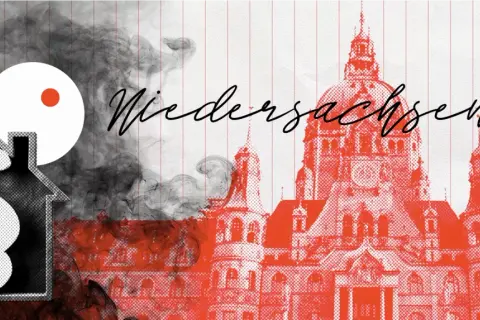 Rauchmelder-Pflicht in Niedersachsen: Ein Haus mit Paragraphen-Symbol und Rauch, dazu die Silhouette eines Gebäudes.