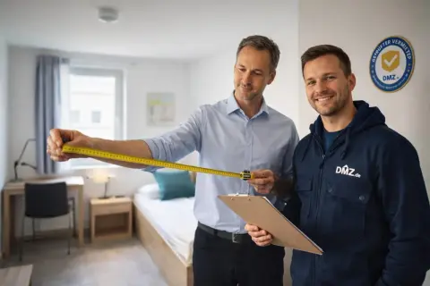 Zwei Männer messen einen Raum für bauliche Anforderungen einer Ferienwohnung. Einer hält ein Maßband, der andere eine Klemmbrett.