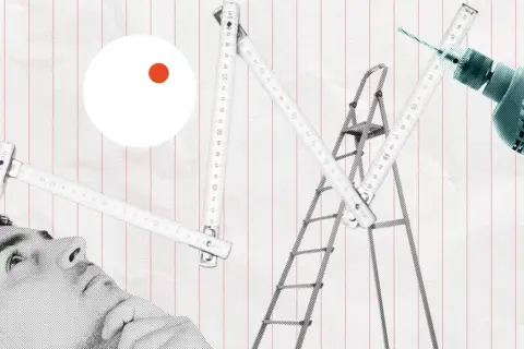 Mann plant Montage von Rauchmelder in Brandenburg. Bohrer, Leiter und Maßband im Einsatz.