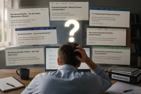 Mann sucht nach Informationen zur Brandschutzhelfer Pflicht. Mehrere Webseiten mit Fragen wie "Ab wie vielen Mitarbeitern Pflicht?" und "Welche Firmen sind betroffen?" schweben um ihn herum.
