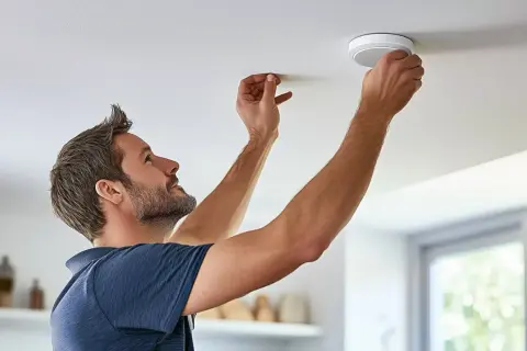 Mann montiert Rauchmelder an der Decke. Endlich keine Rauchmelder in der Wohnung mehr vergessen!