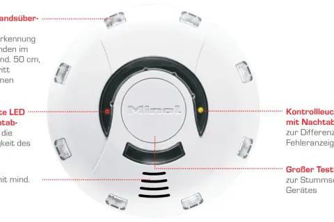 Rauchmelder mit roten und gelben LEDs, Testknopf und Sensorik. Regelmäßige Rauchmelder Wartung sorgt für Sicherheit.