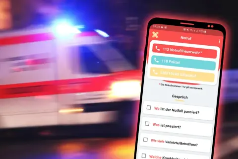 Notruf-App mit wichtigen Nummern und Fragen zur Erfassung von Notfällen. Hilft Ersthelfern bei ihren Aufgaben.