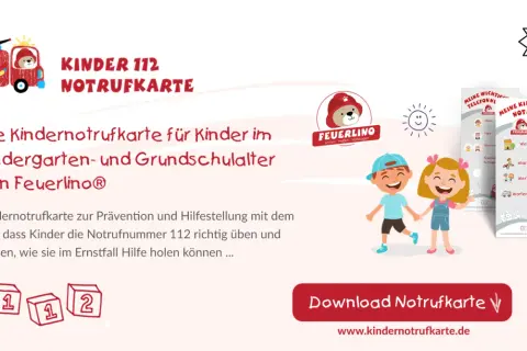 Kinder lernen, wie sie den Notruf absetzen können. Die Kindernotrufkarte von Feuerlino hilft ihnen dabei.