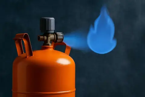 Orange Gasflasche mit blauem Flammenstrahl. Einatmen von Gas kann gefährlich sein.