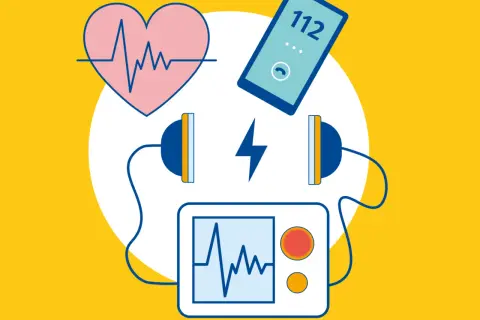 Herzschlag, Notruf (112) und ein Defibrillator mit Elektroden. Die Defibrillator Funktion ist entscheidend für die Wiederbelebung.
