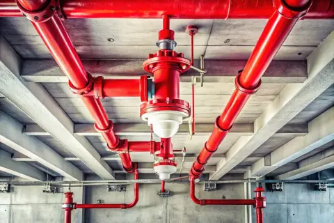 Rote Rohre einer Sprinkleranlage, die für die Wartung vorbereitet sind, verlaufen unter einer Beton-Decke.