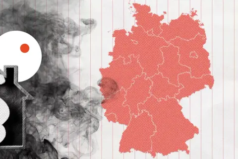 Rauchmelder-Wartung: Wenn Mieter nicht anwesend sind, kann dies rechtliche Folgen haben. Deutschlandkarte mit Rauch und Paragraphen-Symbol im Haus.