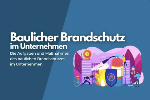 Illustration zum baulichen Brandschutz im Unternehmen. Ein Feuerlöscher wird bedient, ein Schild mit Brandschutzsymbol und eine Sirene sind zu sehen. Die Landesbauordnung Bremen ist hierbei relevant.